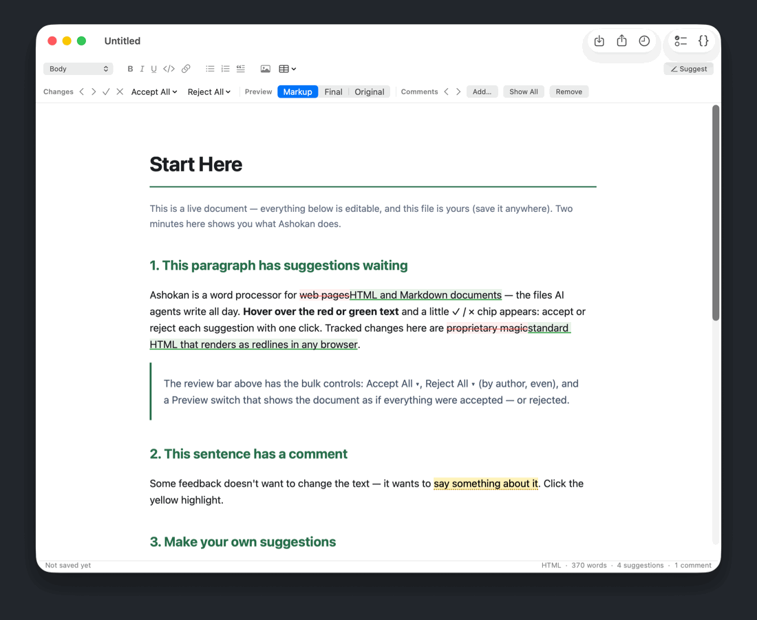Live demo: accepting suggestions with hover chips, tracked typing, and the source pane