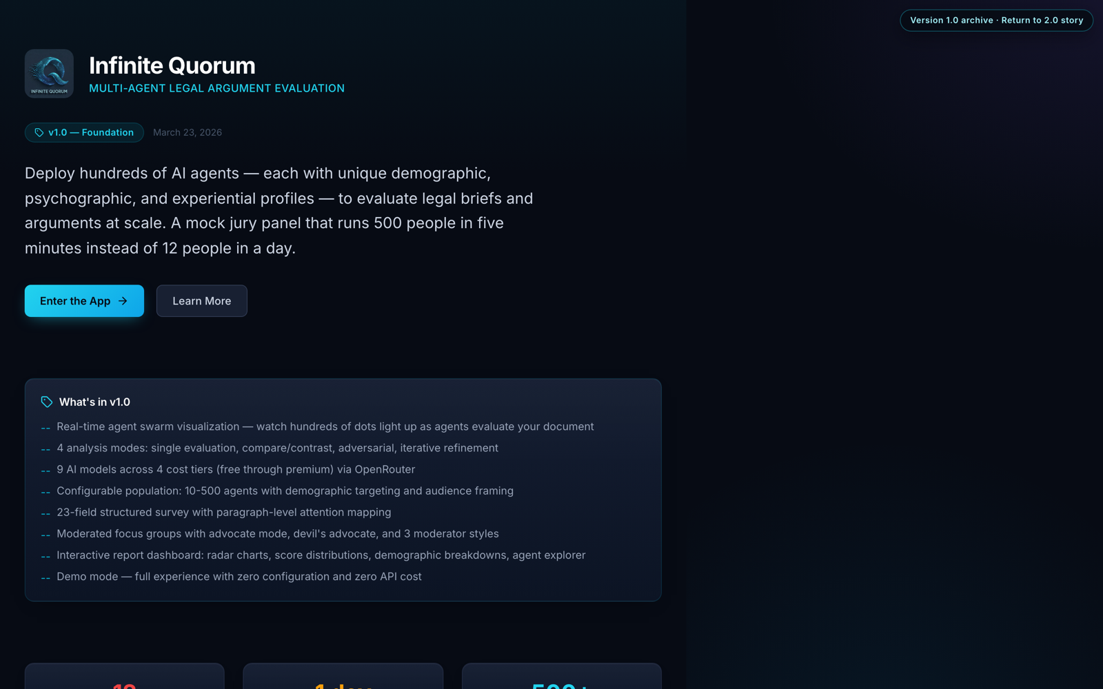 The Version 1.0 archive landing page, frozen as released in March 2026