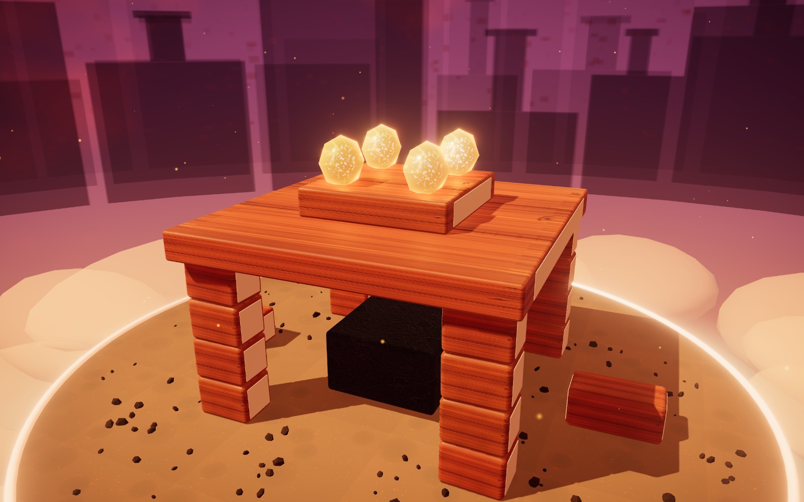 Ember Yard: a warm wooden structure topped with glowing amber gems, dusk over a foundry island
