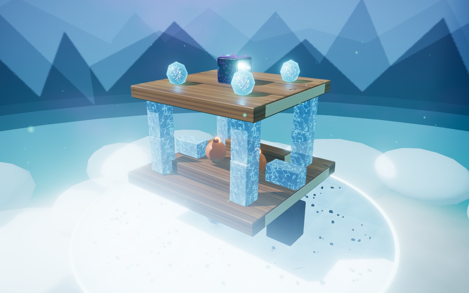 Frostline: an ice-pillar fortress under pale blue mountains, carrying gems and a cursed block