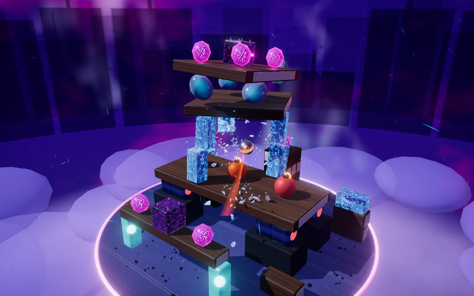 Kinetix: a neon-lit tower mid-collapse, ice pillars shattering into shards above a glowing violet skyline