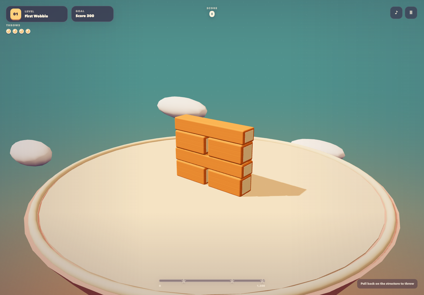 Toppld gameplay showing a wooden block tower on a floating tabletop island