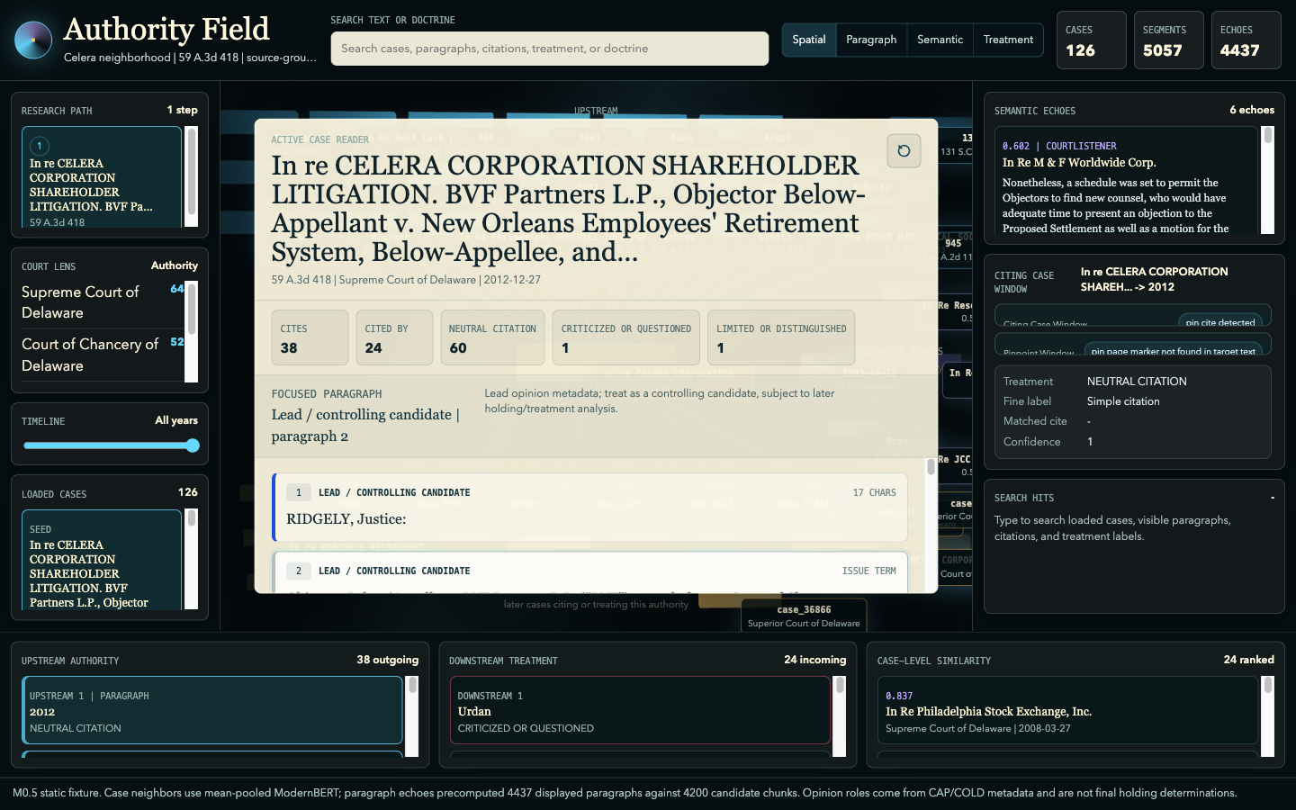 Authority cockpit search interface showing Celera Corporation Shareholder Litigation results