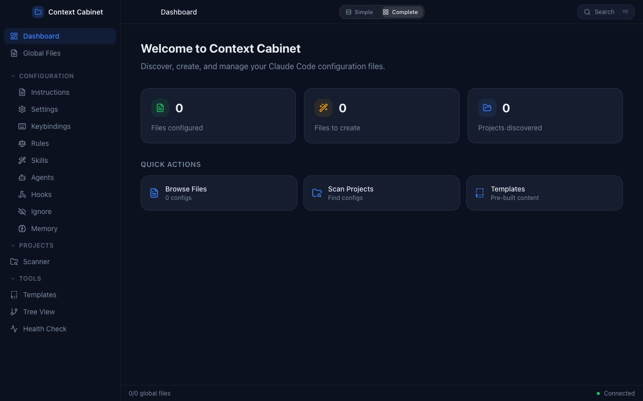 Context Cabinet dashboard showing sidebar navigation, stats cards, and quick actions