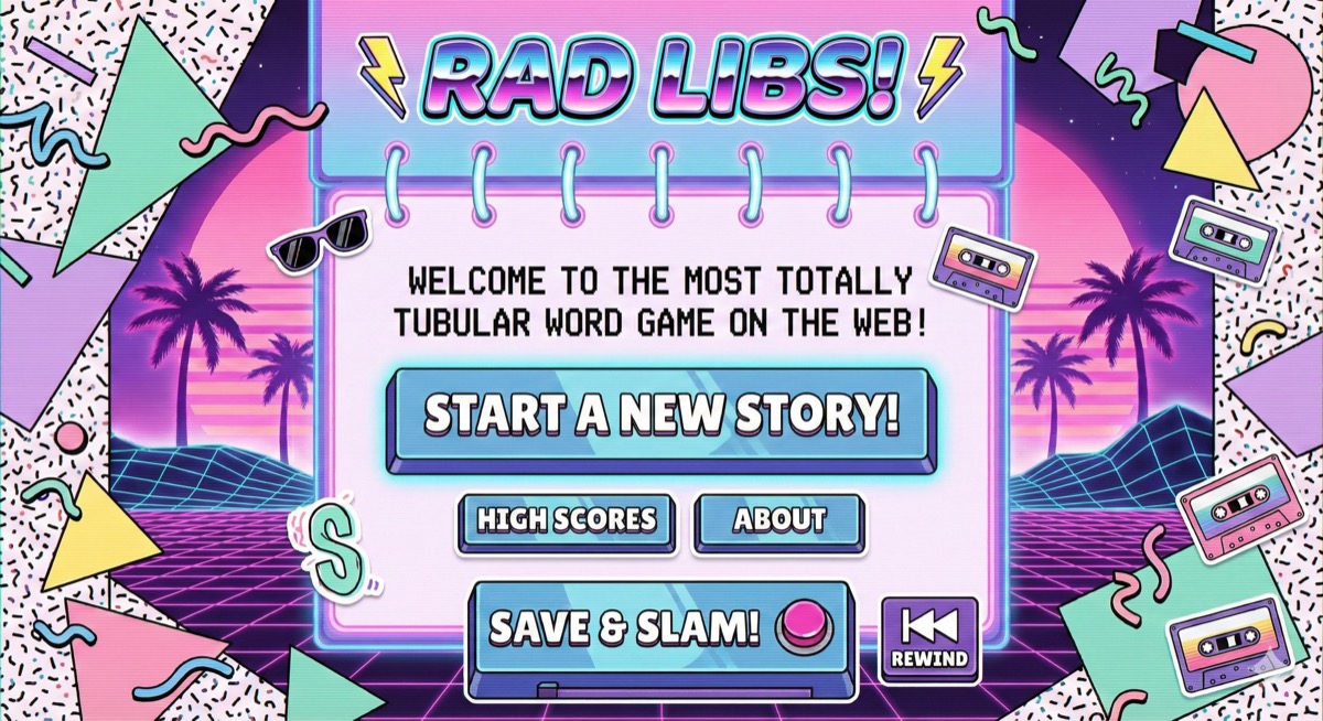 Rad Libs main screen with vaporwave aesthetic