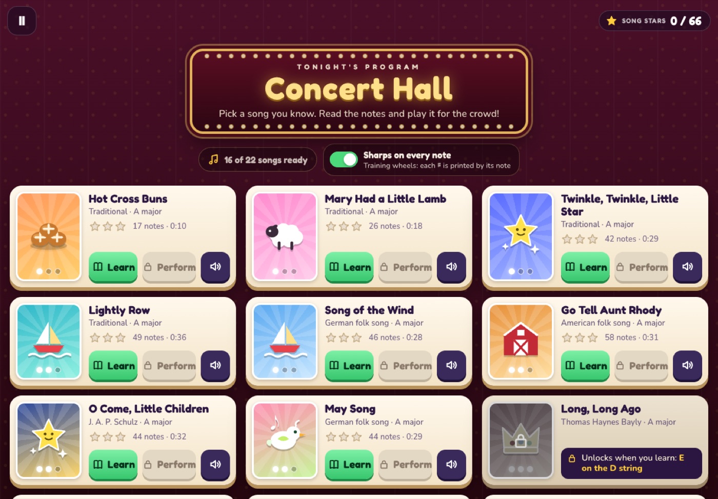 Concert Hall's song lobby, with posters for Hot Cross Buns, Twinkle and Lightly Row