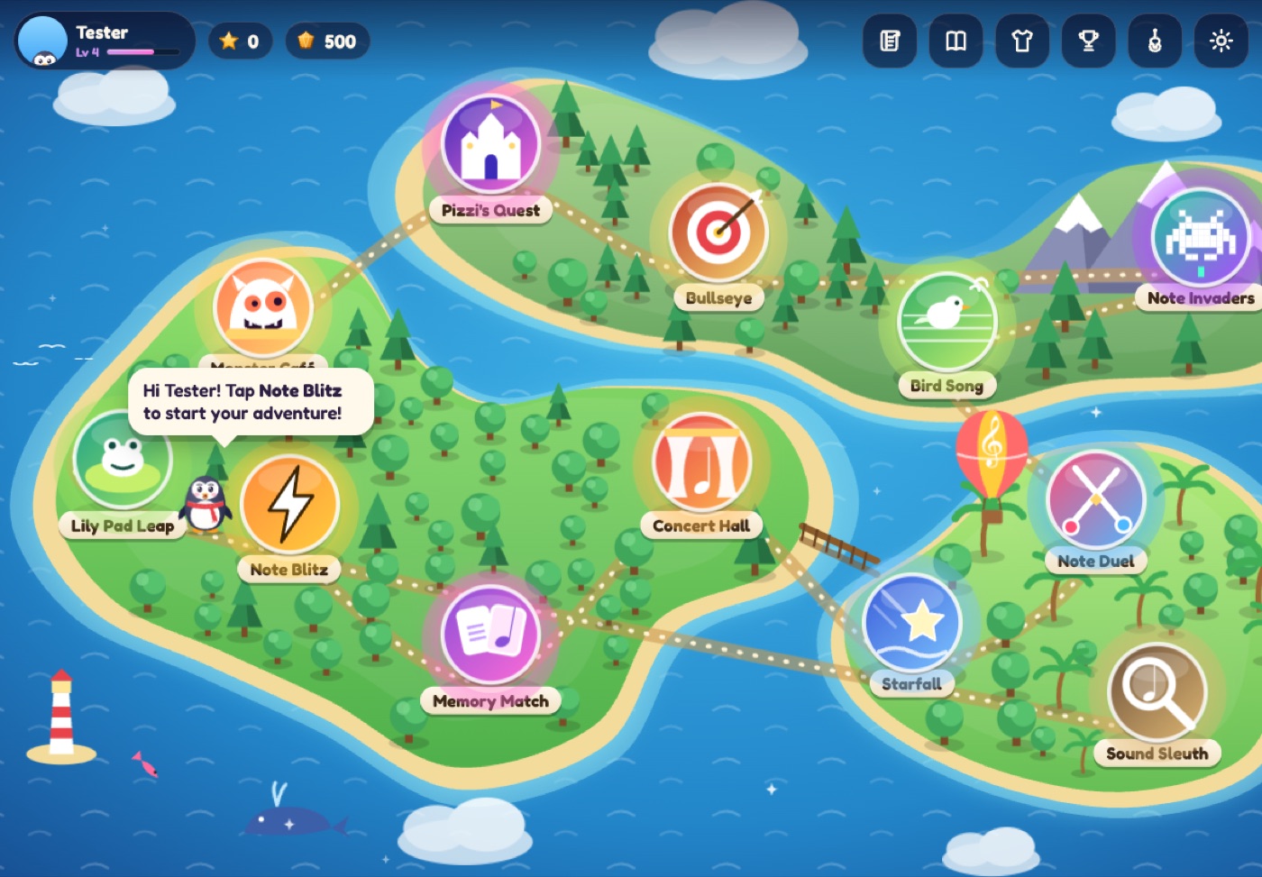 The Melody Isles map in TrebleMaker 2.0, with a game on each island