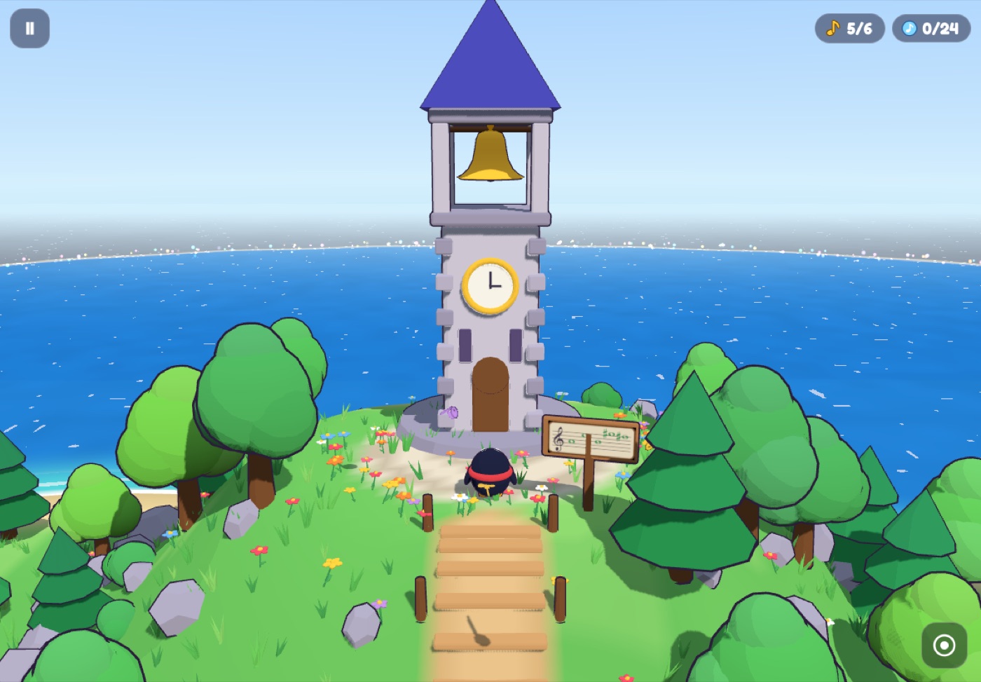 Pizzi the penguin at the bell tower in Pizzi's Quest, after the color comes back to the island