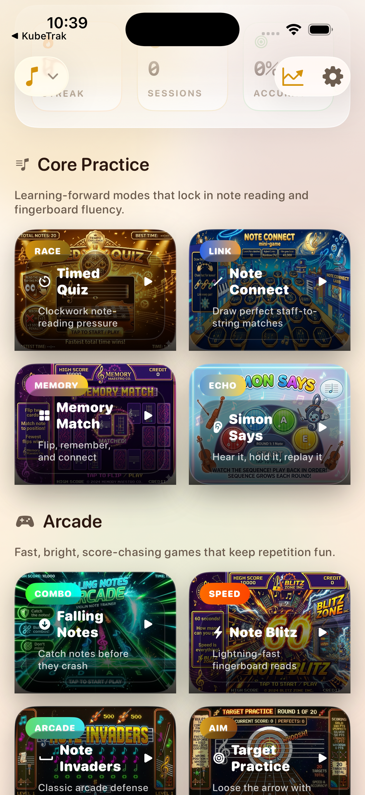 Treble Maker home screen showing 10 games organized by category