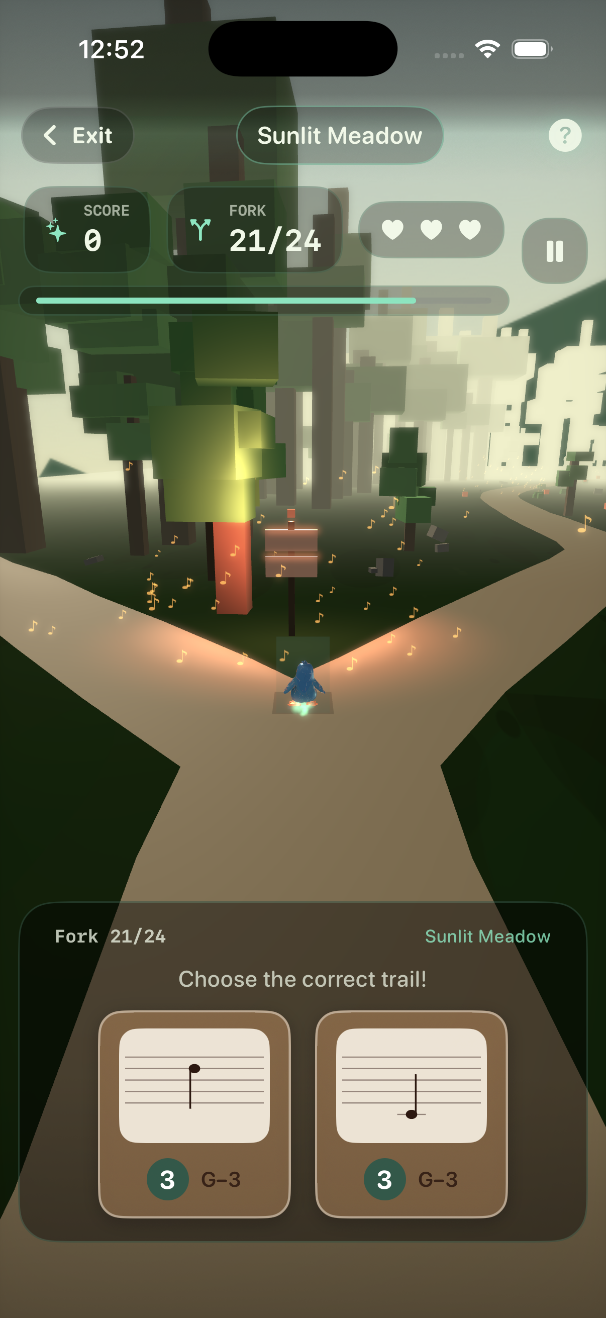 Magical Music Forest: a fork in the path with note choices at the bottom