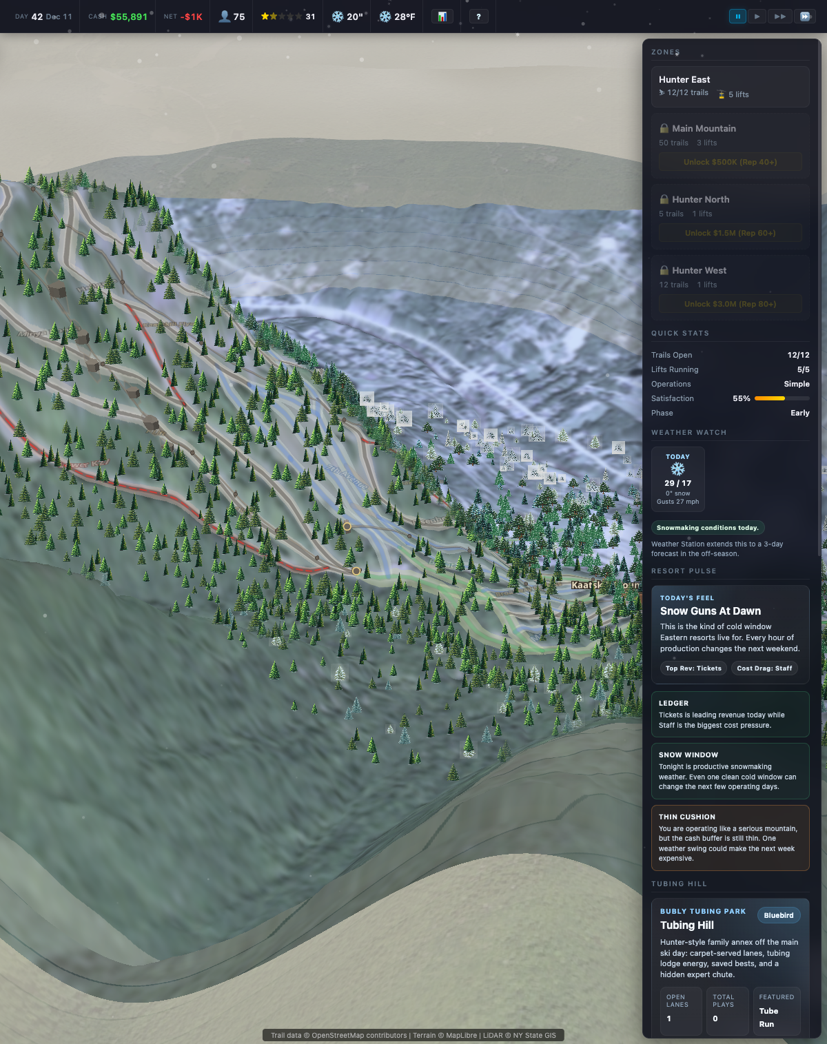 White Steel gameplay showing 3D terrain, trail map, zone management, and weather system