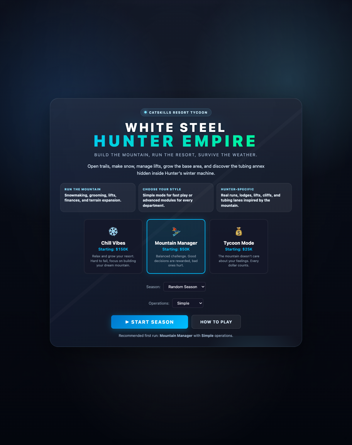 White Steel: Hunter Empire title screen with difficulty selection