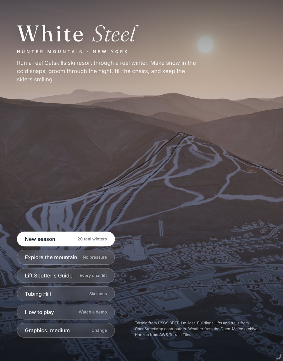 The White Steel 2 title screen on an iPad, over a sunset view of Hunter Mountain