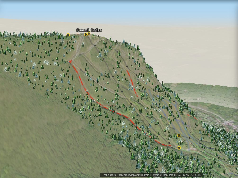 Hunter's main face in the first White Steel, drawn on a MapLibre terrain map