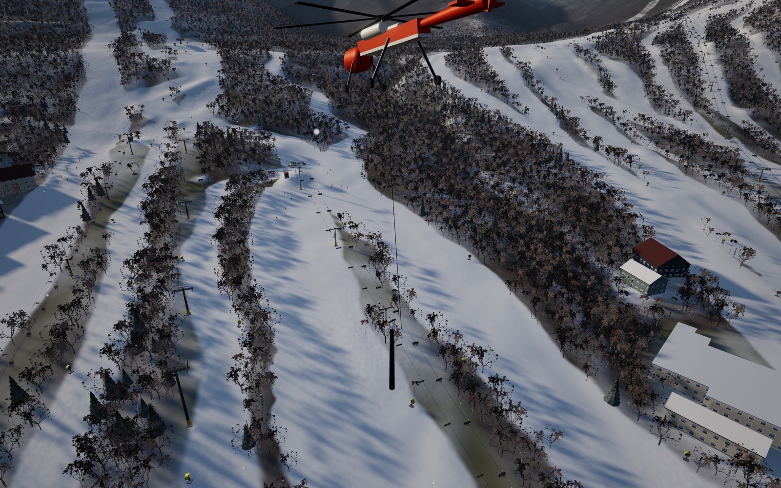 A heavy-lift helicopter carrying a new lift tower up the mountain
