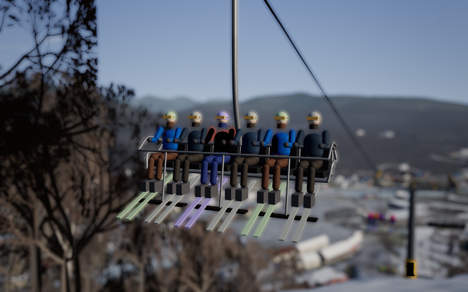 A six-seat chair with riders, photographed in the game's photo mode with the valley blurred behind